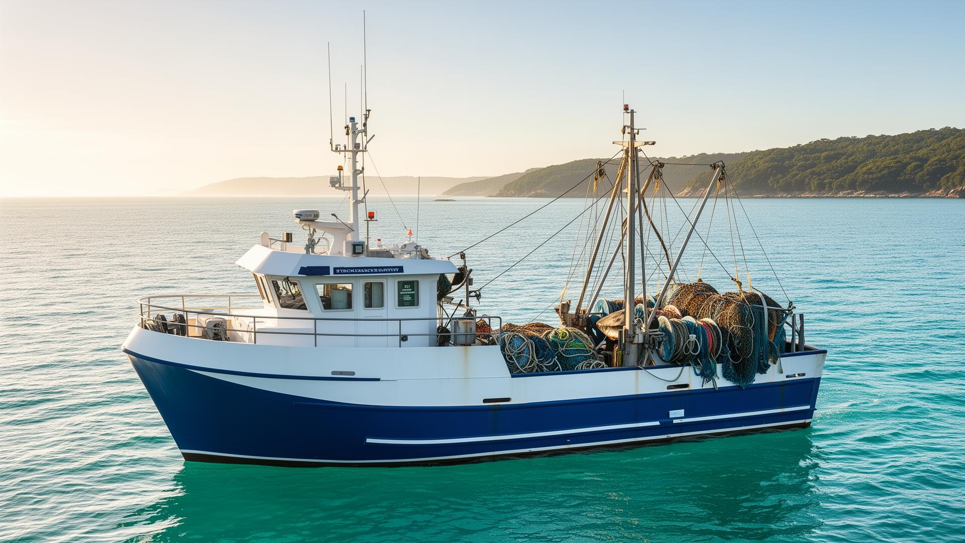 Modern coastal fishing vessel at sea with neatly stowed nets in early morning light