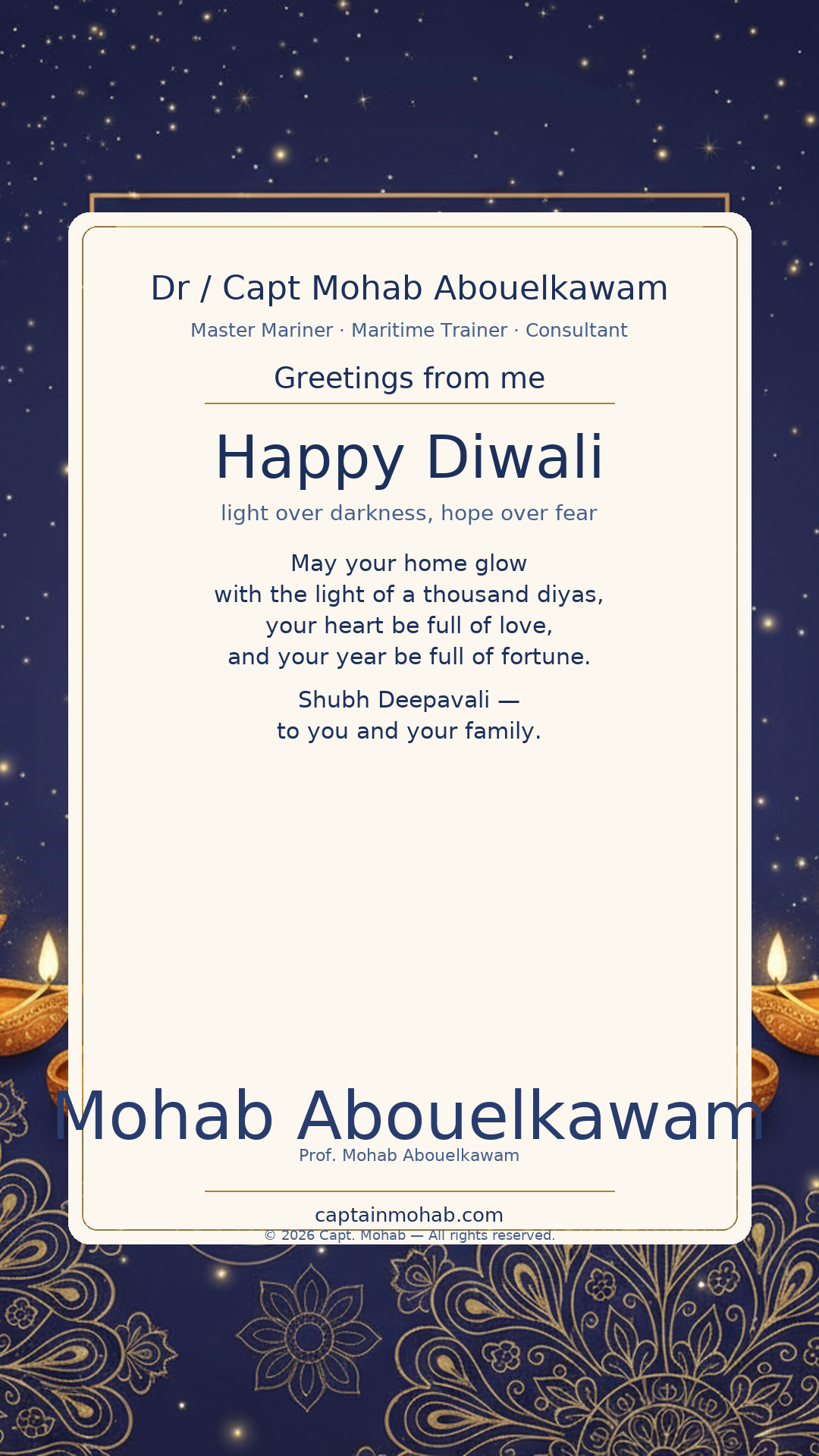 Diwali card — Diwali — light over darkness, hope over fear