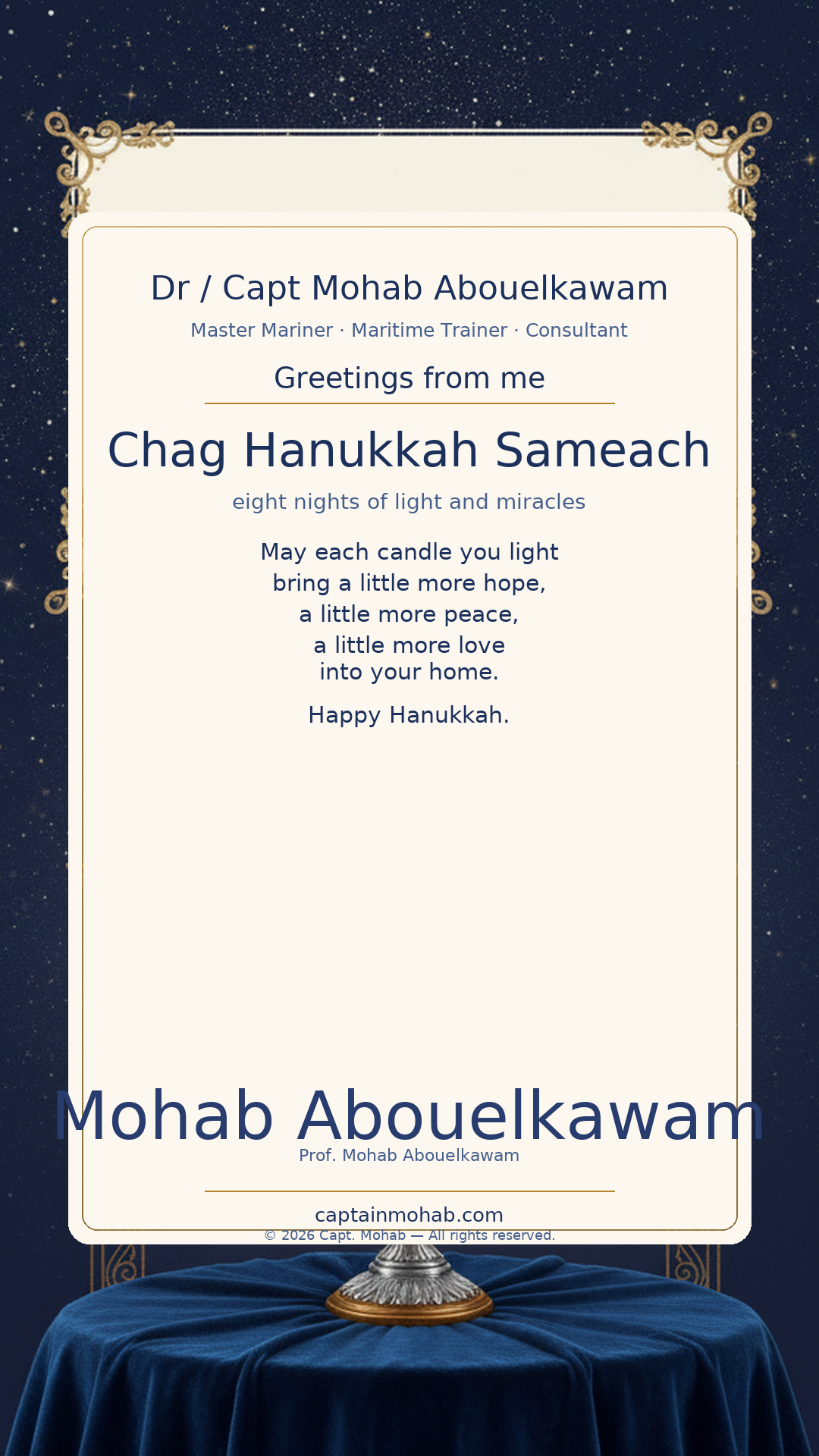 Hanukkah card — Chag Hanukkah Sameach — eight nights of light